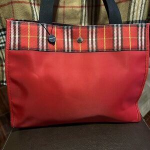 Burberry Red Tote with Plaid Accent